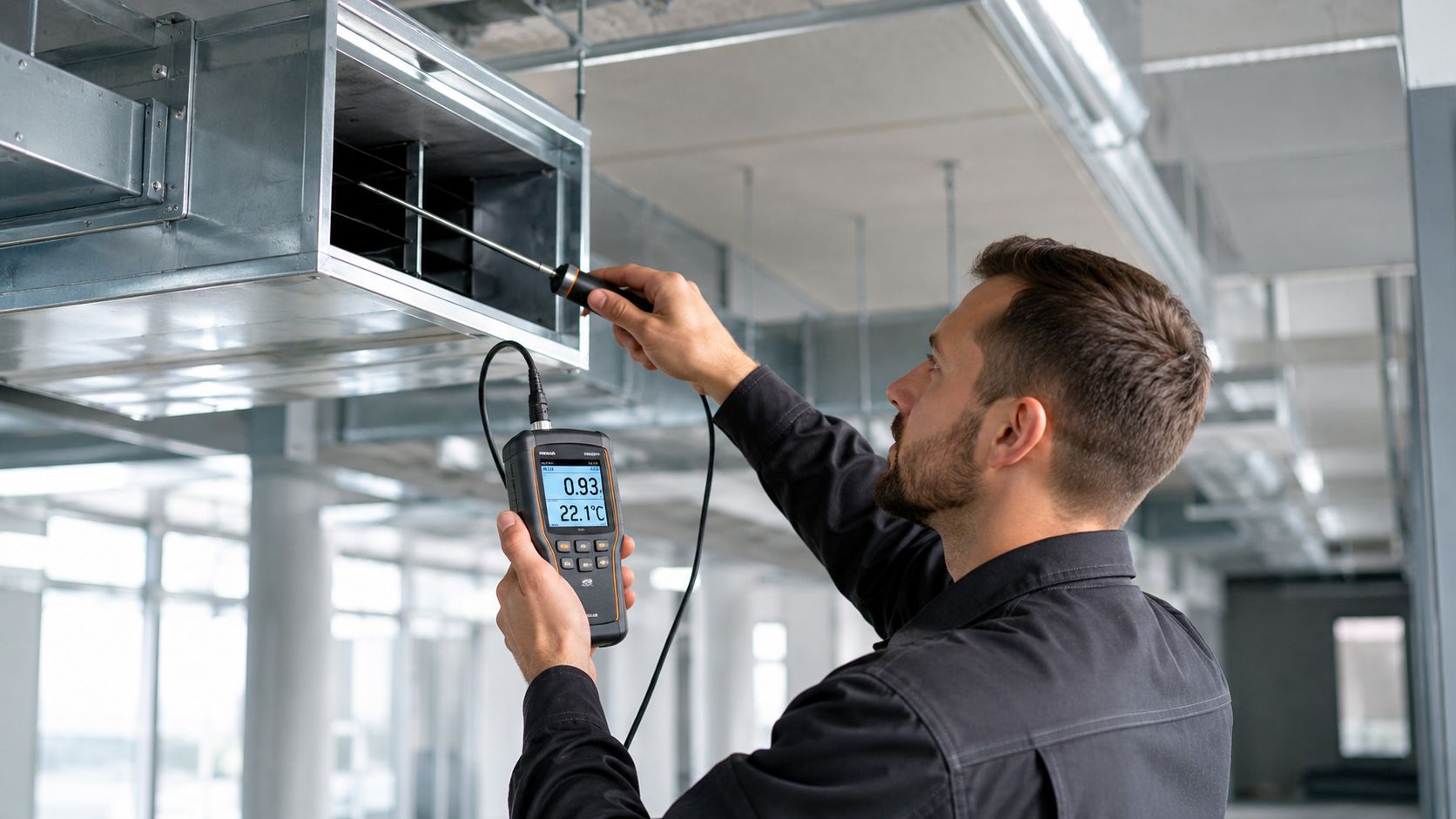 Tekniker utför mätning av luftflöde och temperatur i ventilationssystem med ett digitalt mätinstrument i en industrilokal.