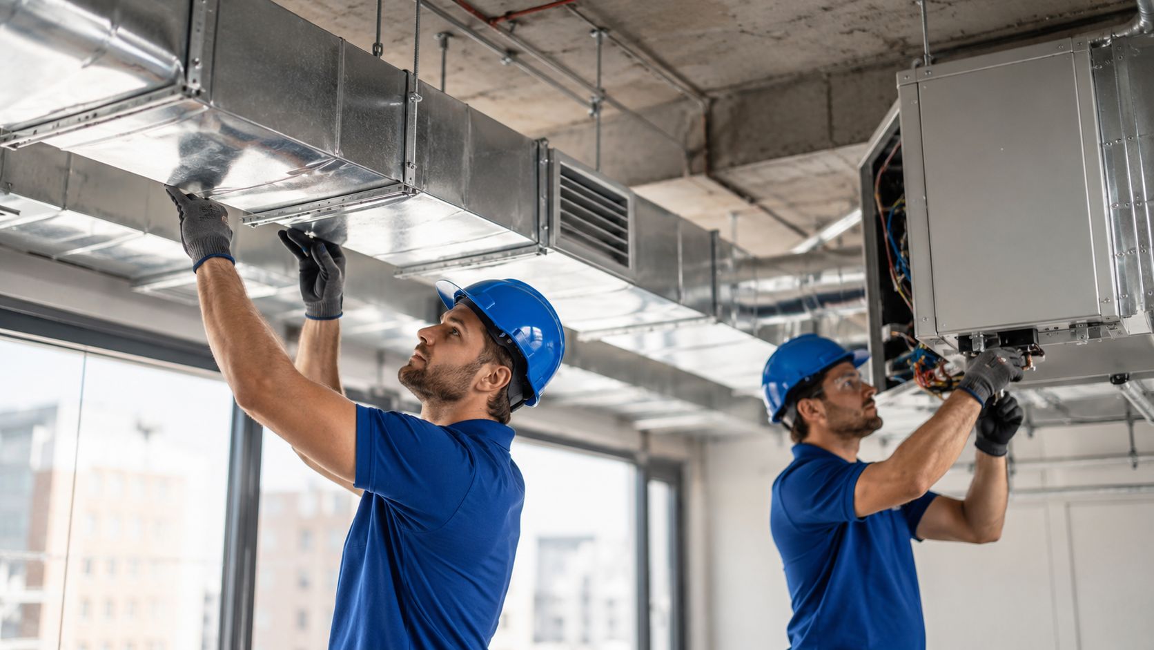Två professionella montörer i blå uniformer och hjälmar installerar ventilationssystem i ett modernt kontorsutrymme med synliga rör.