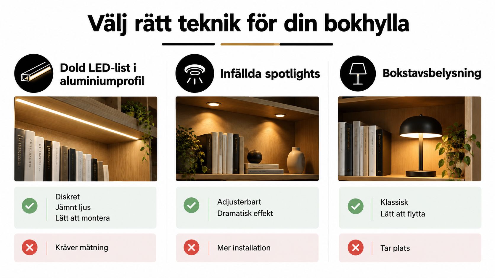 Tre olika metoder för belysning i en bokhylla: LED-list, infällda spotlights och en bordslampa med för- och nackdelar.