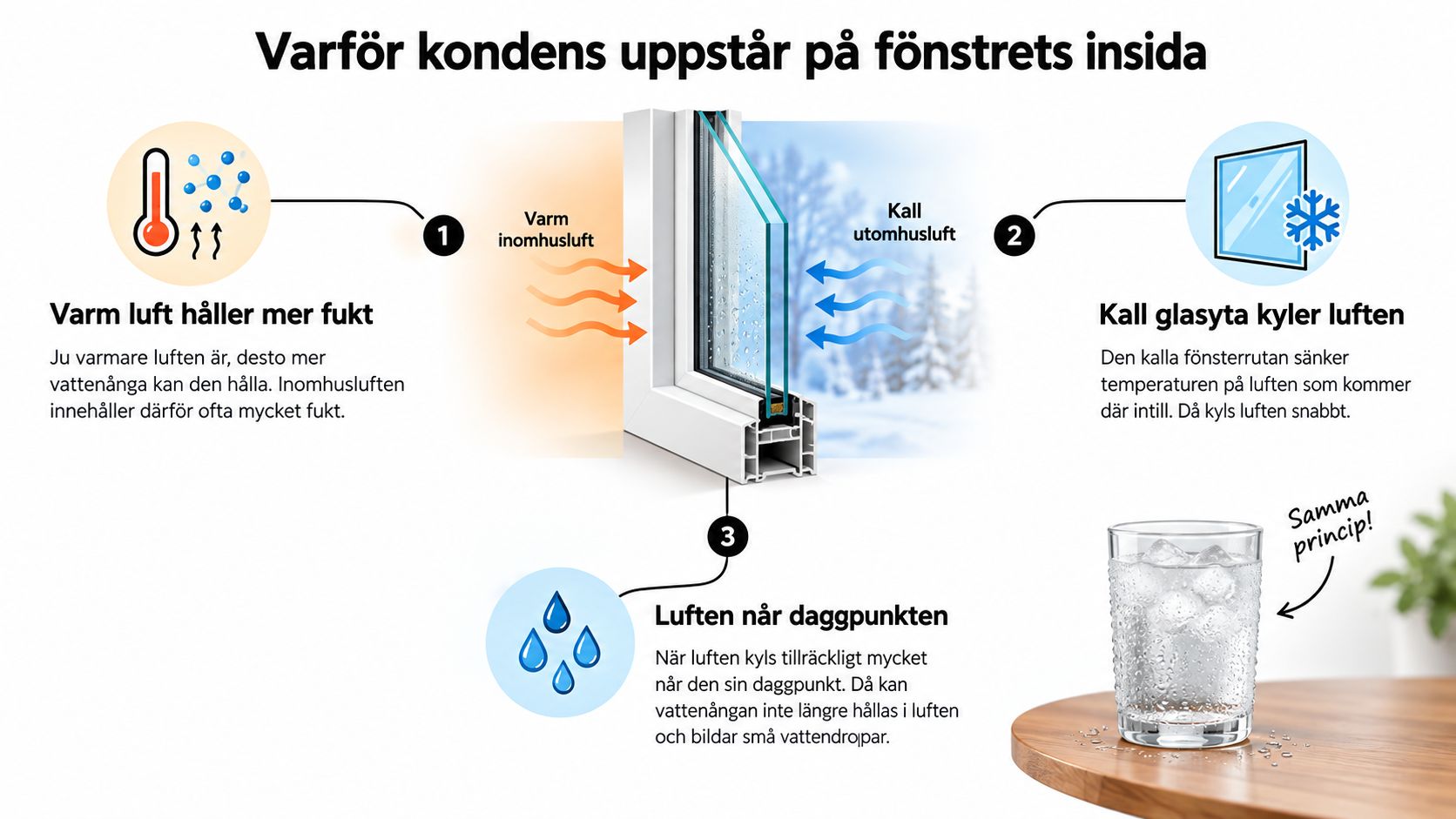 Illustration av hur kondens uppstår på insidan av fönster när varm fuktig luft kyls ner av kalla glasytor.