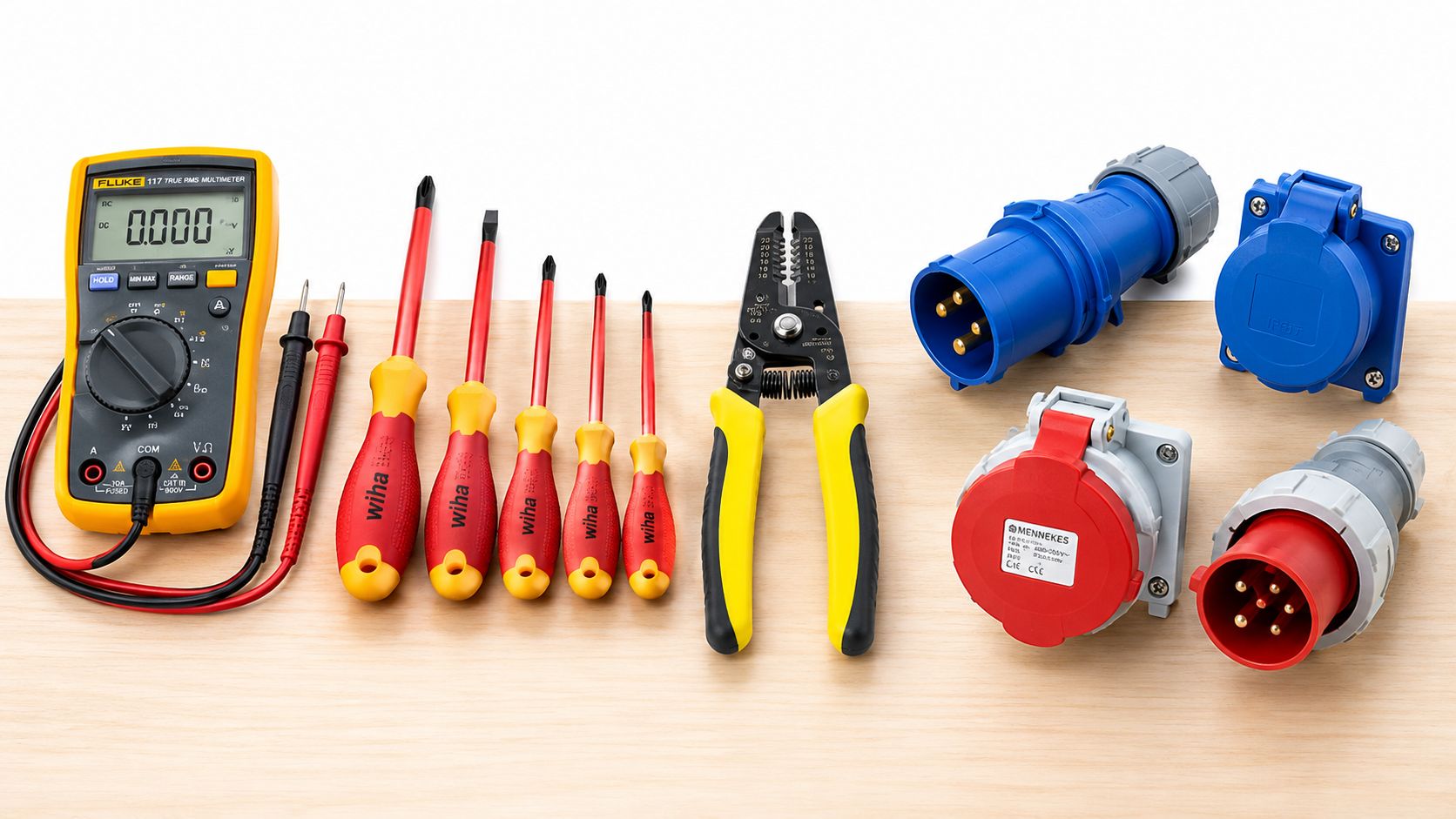 Verktyg för elinstallation inklusive multimeter, skruvmejslar, avisoleringstång och industriella eluttag placerade på en träyta.