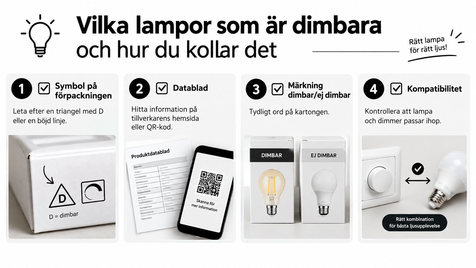 En guide i fyra steg som förklarar hur man kontrollerar om en lampa är dimbar.