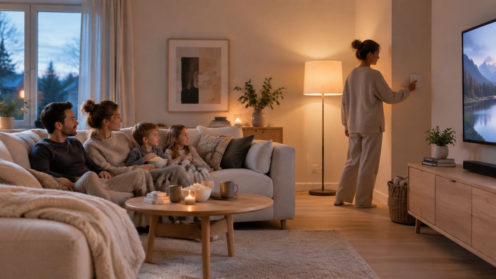En familj sitter i soffan och tittar på TV medan en kvinna justerar belysningen med en dimmer.