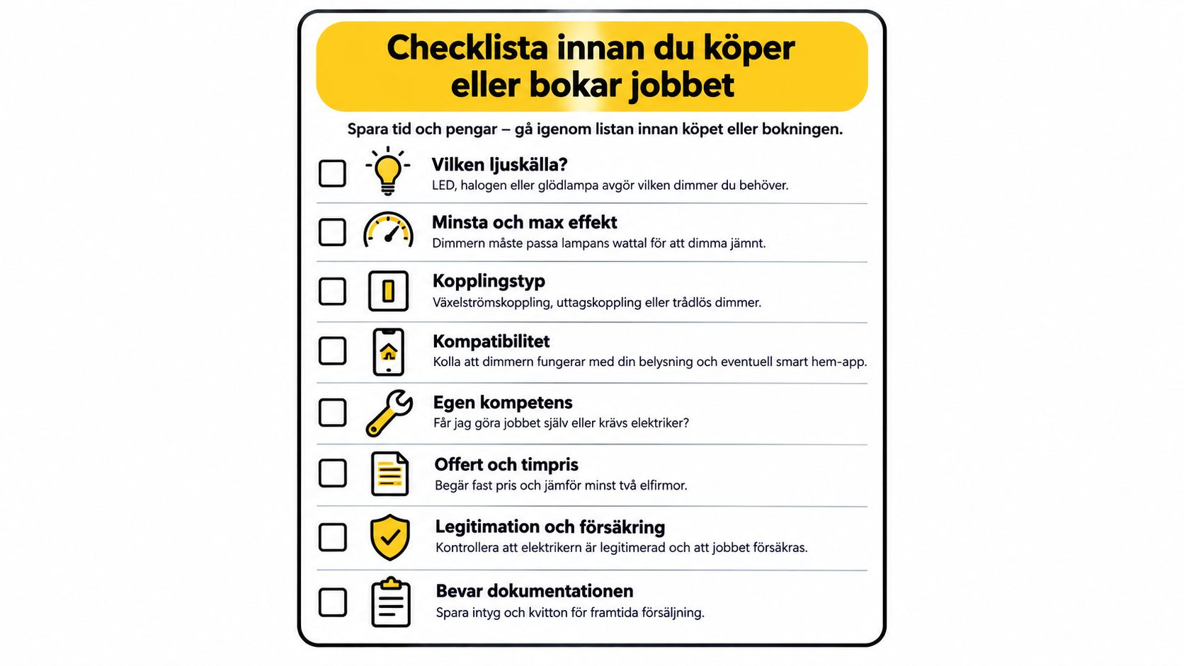 En checklista på svenska med åtta viktiga punkter för dig som planerar att köpa eller installera en dimmer.