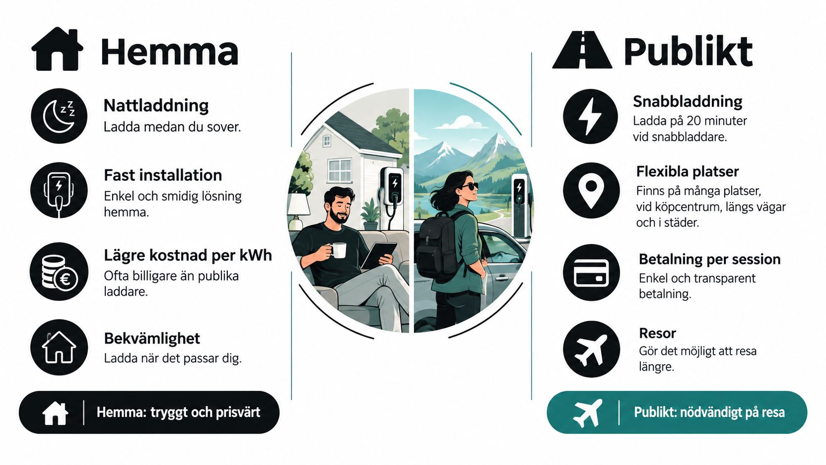 En jämförande infografik som visar fördelarna med att ladda sin elbil hemma jämfört med publika laddstationer.