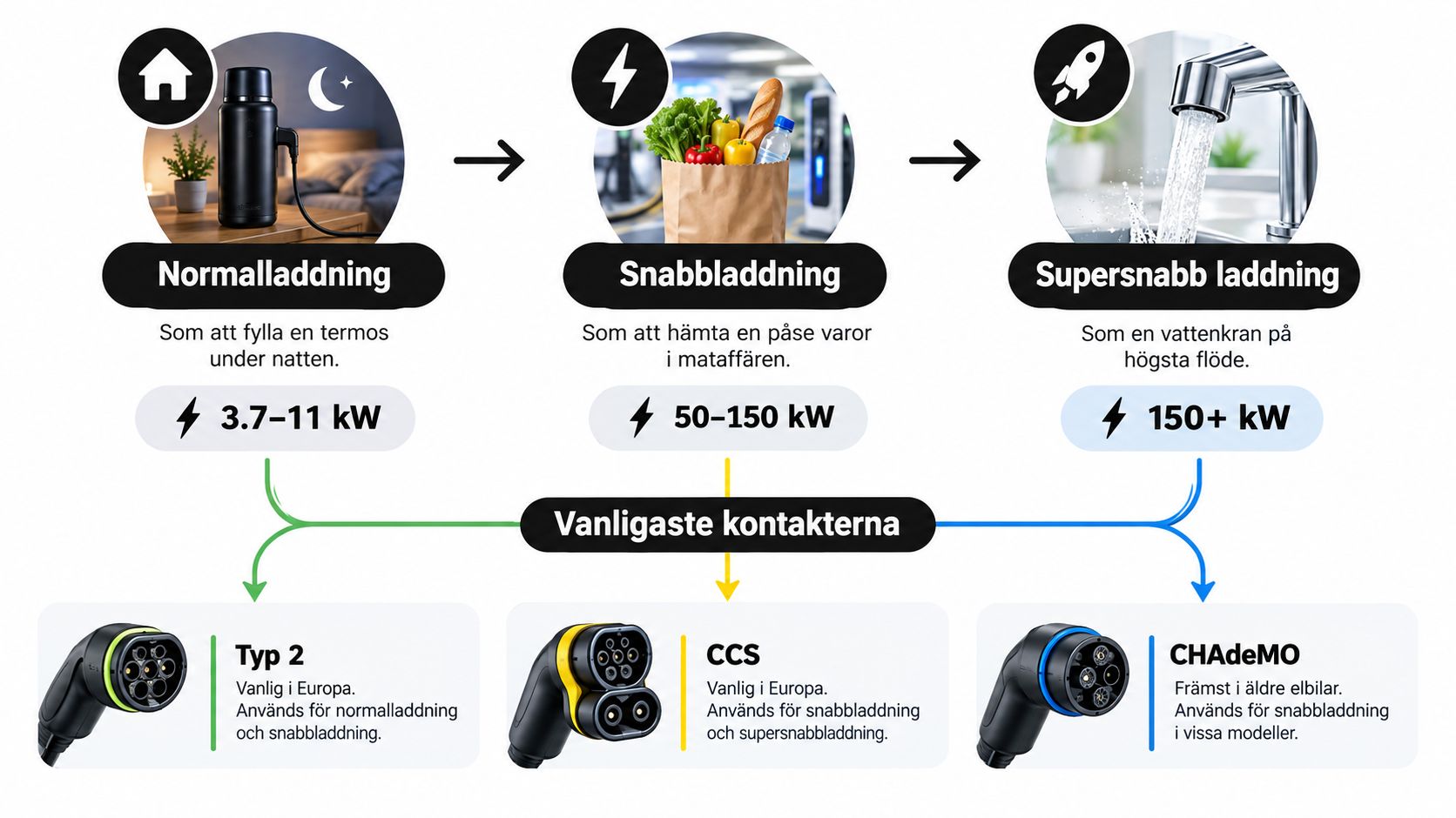 Infografik som förklarar olika typer av elbilsladdning och vanliga laddkontakter som Typ 2, CCS och CHAdeMO.