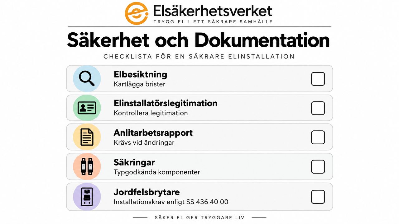 En checklista från Elsäkerhetsverket för elsäkerhet och dokumentation vid elinstallationer i hemmet och fastigheter.