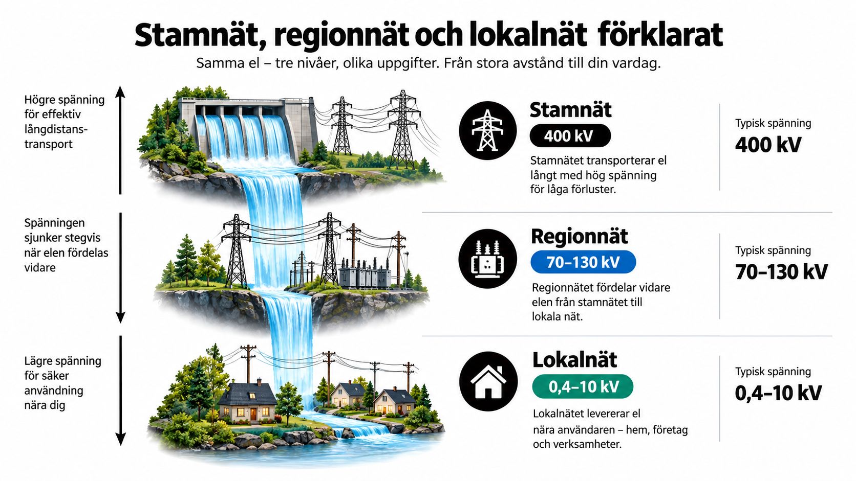 En illustration som visar hur el transporteras genom stamnät, regionnät och lokalnät med olika spänningsnivåer för användning.