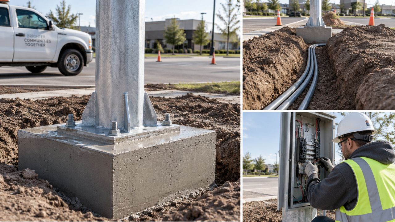Arbetare som installerar elektriska komponenter vid basen av en ny belysningsstolpe under ett infrastrukturprojekt.