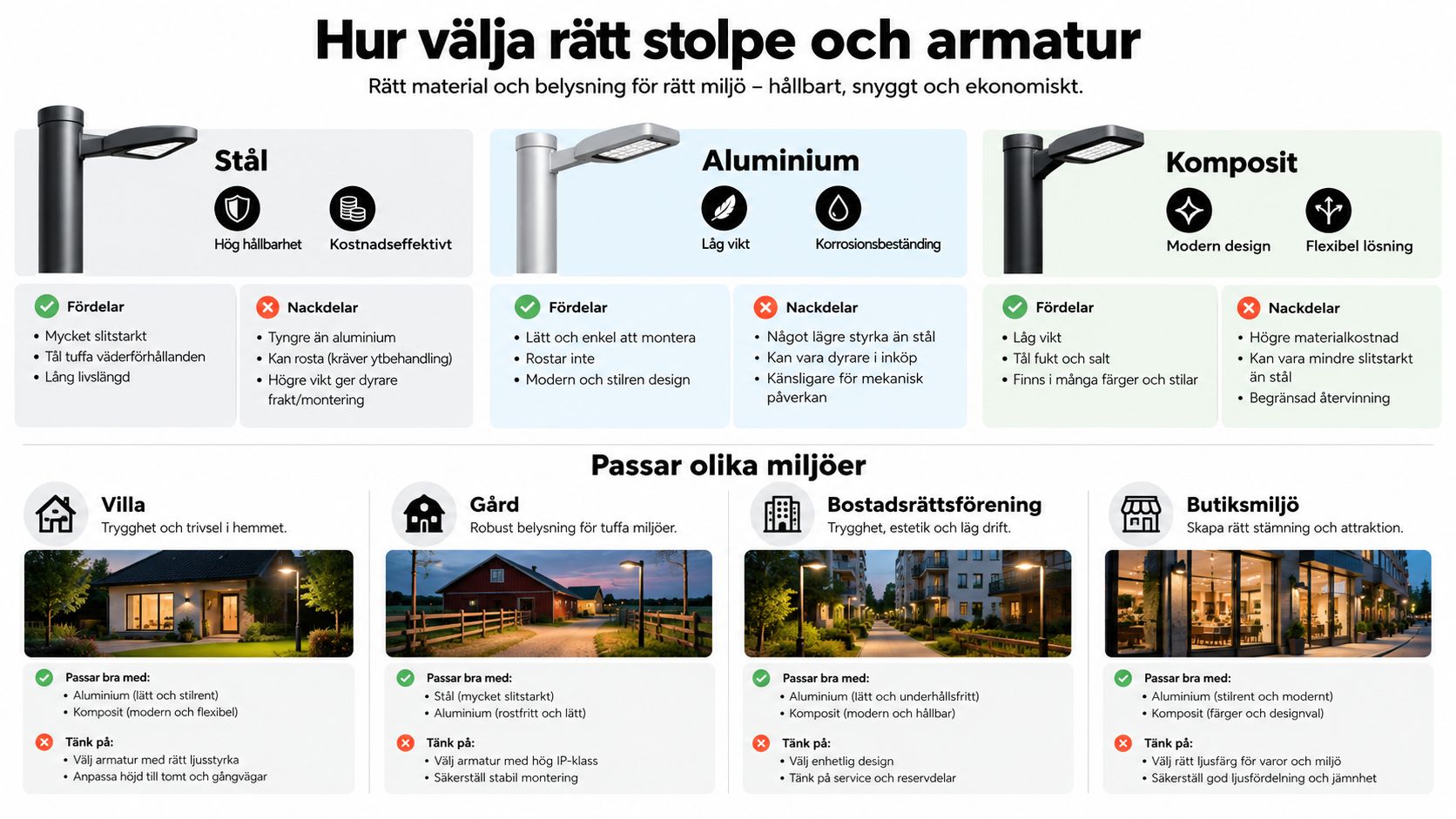 En jämförelse av material som stål, aluminium och komposit för utomhusbelysning och stolpar i olika miljöer.