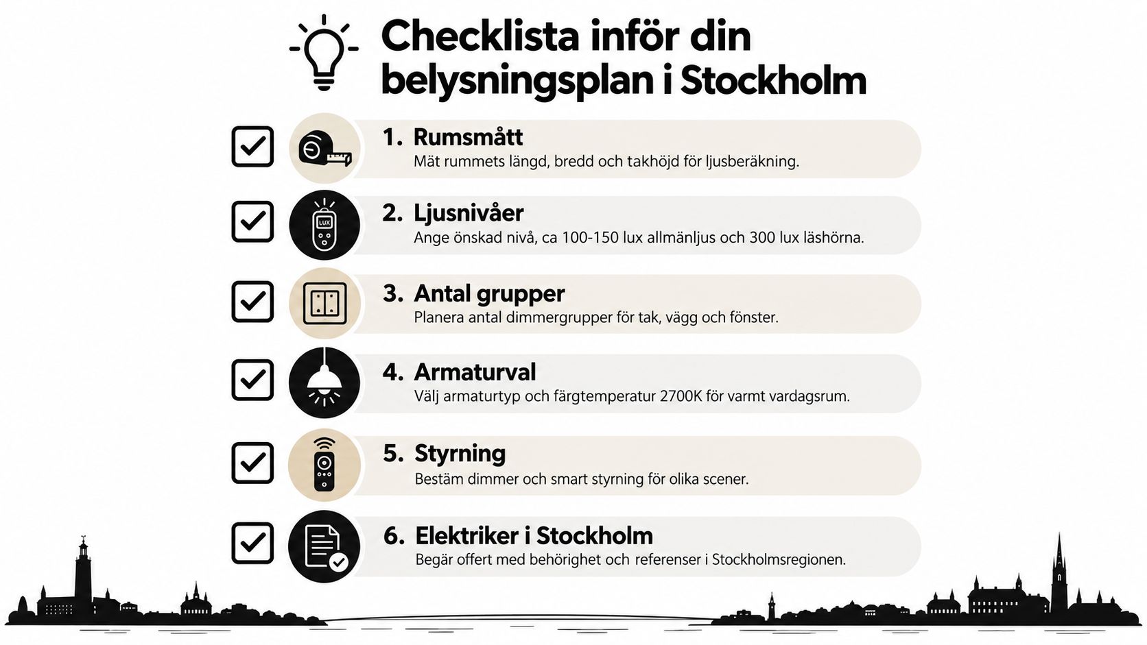 Checklista för belysningsplan i Stockholm som hjälper dig planera belysning för ditt hem steg för steg.