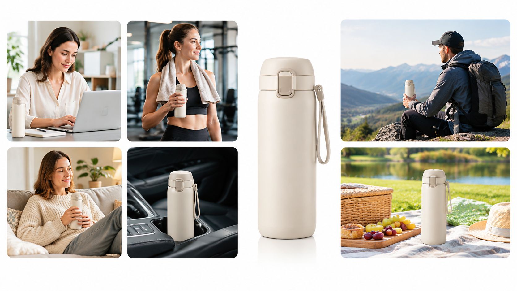 En elegant beige termosflaska som visas i olika livsstilssituationer som träning, vandring, arbete och picknick.
