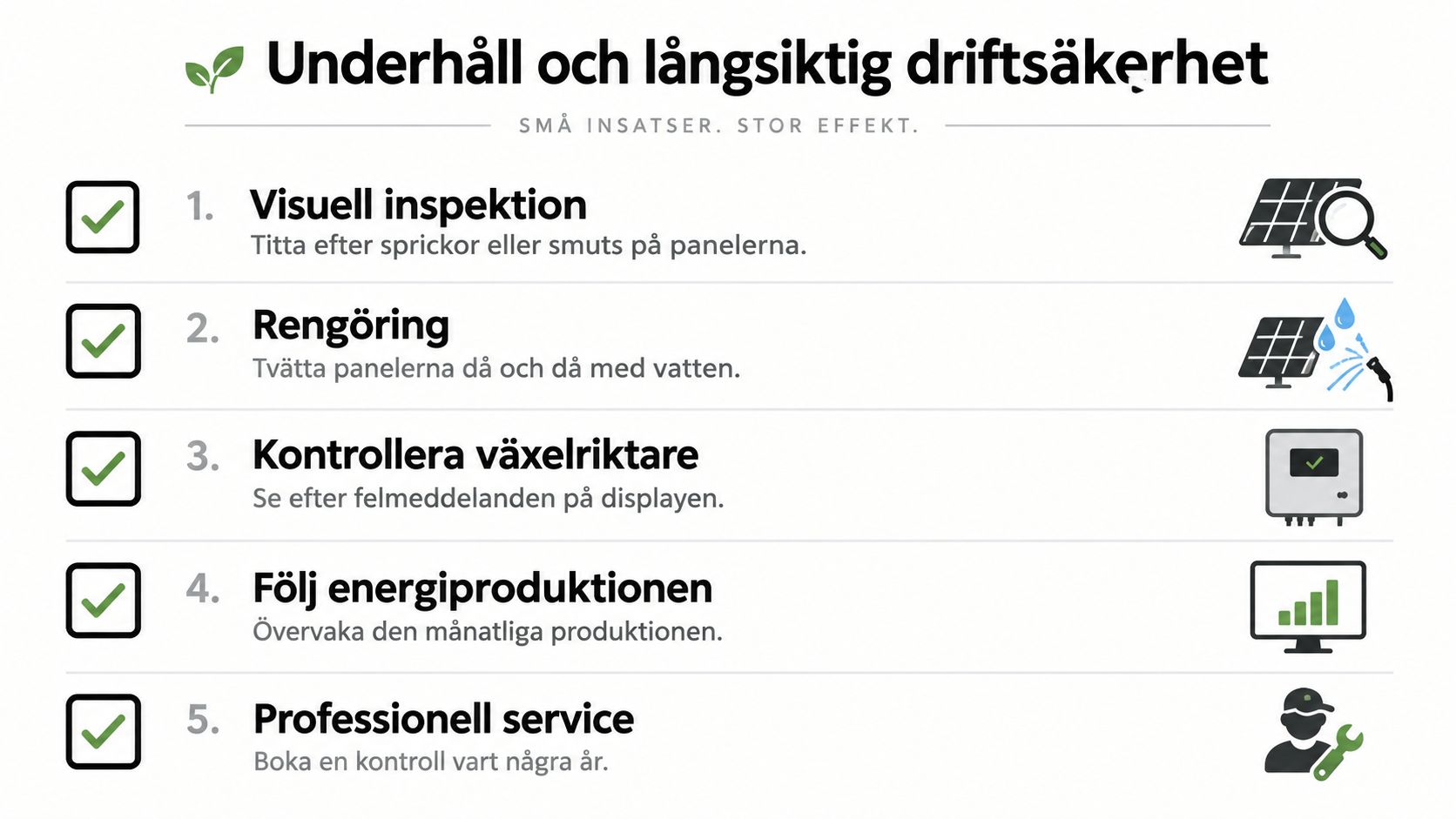En infografik som visar fem enkla steg för underhåll och långsiktig driftsäkerhet av solpaneler på svenska.