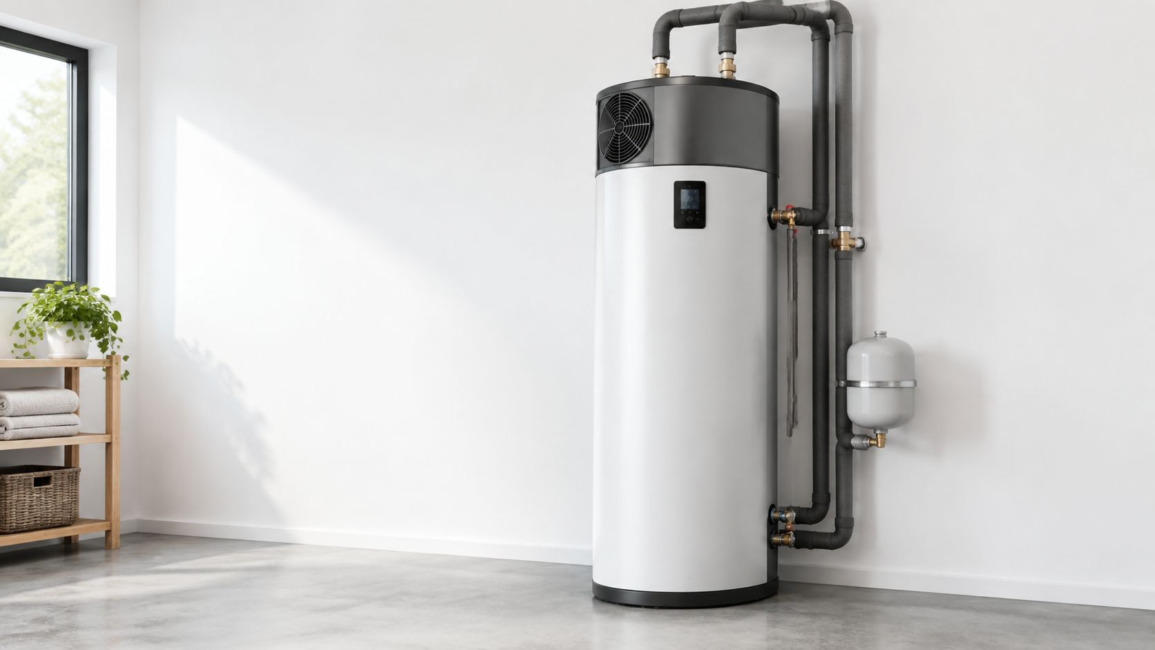 En modern värmepump och varmvattenberedare står installerad i ett ljust och minimalistiskt rum med betonggolv.