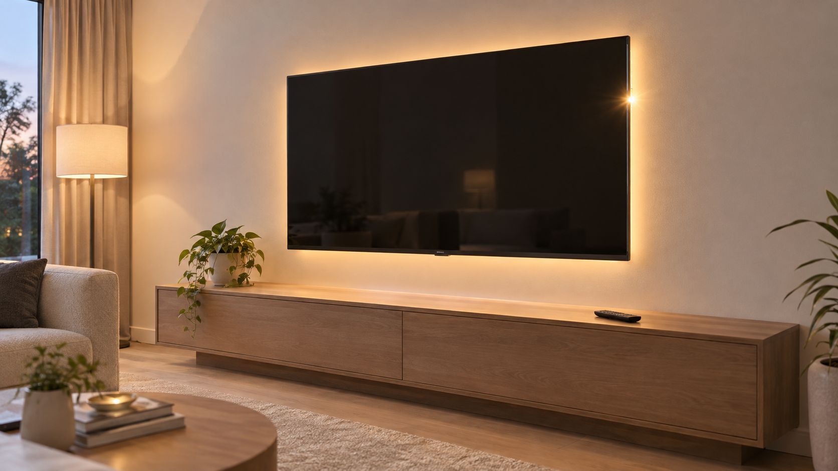 En modern vardagsrumsinteriör med en vägghängd tv som har stämningsfull LED-belysning bakom skärmen ovanför en träbänk.