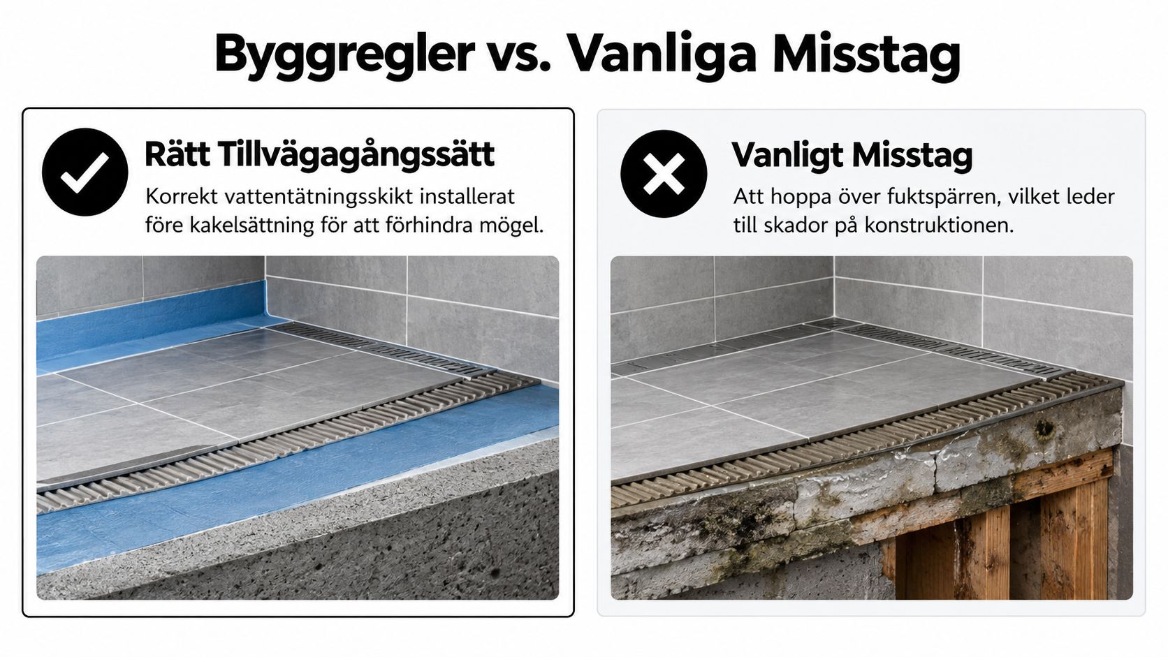 Jämförelsebild som visar korrekt installerat tätskikt vid badrumsrenovering jämfört med ett vanligt fel utan fuktspärr.