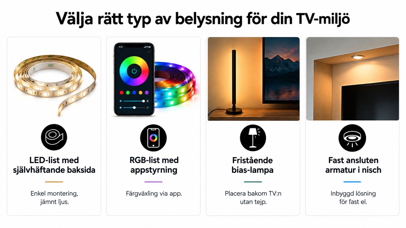 En grafisk översikt över fyra olika typer av belysning för att skapa en stämningsfull TV-miljö i hemmet.