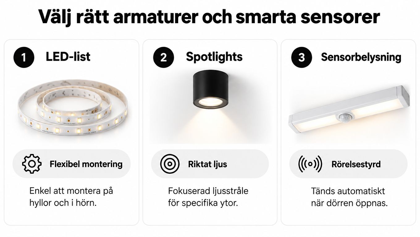 Tre typer av belysning för garderob: LED-list, spotlight och sensorbelysning för smart och enkel användning i hemmet.