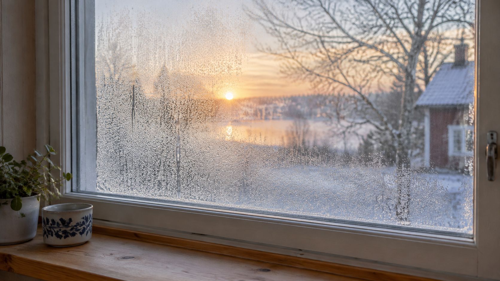 En bild av ett vackert vinterlandskap med solnedgång sett genom ett fönster täckt av kondens.