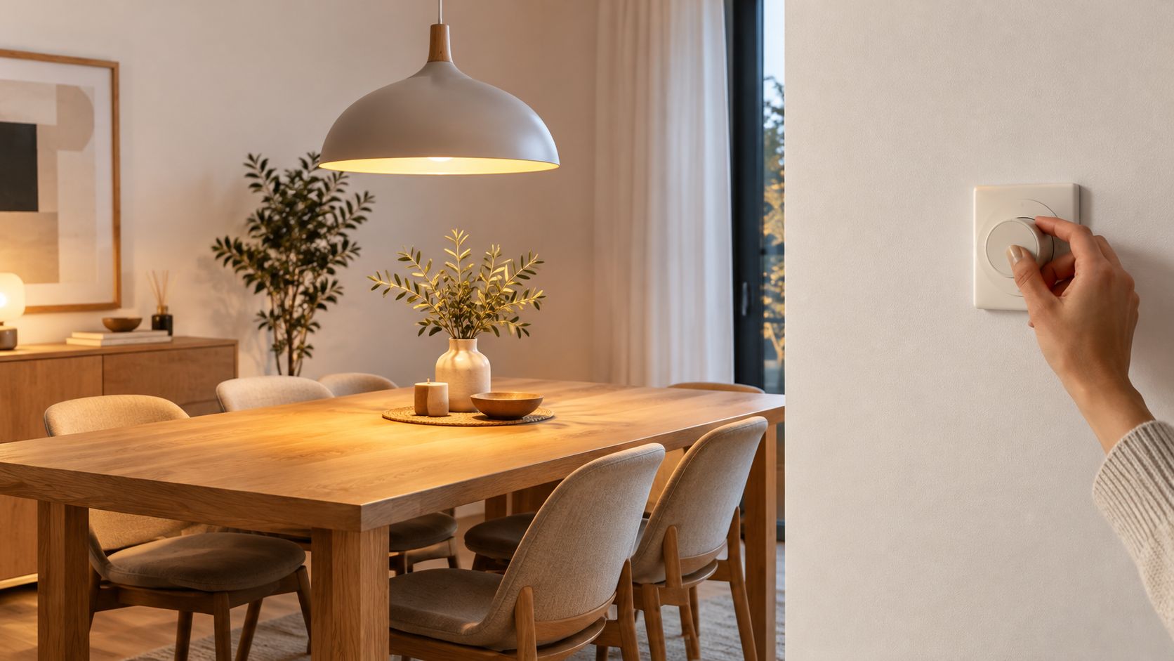 En person justerar ljusstyrkan på en väggmonterad dimmer i en modern och stämningsfull matsal med trämöbler.