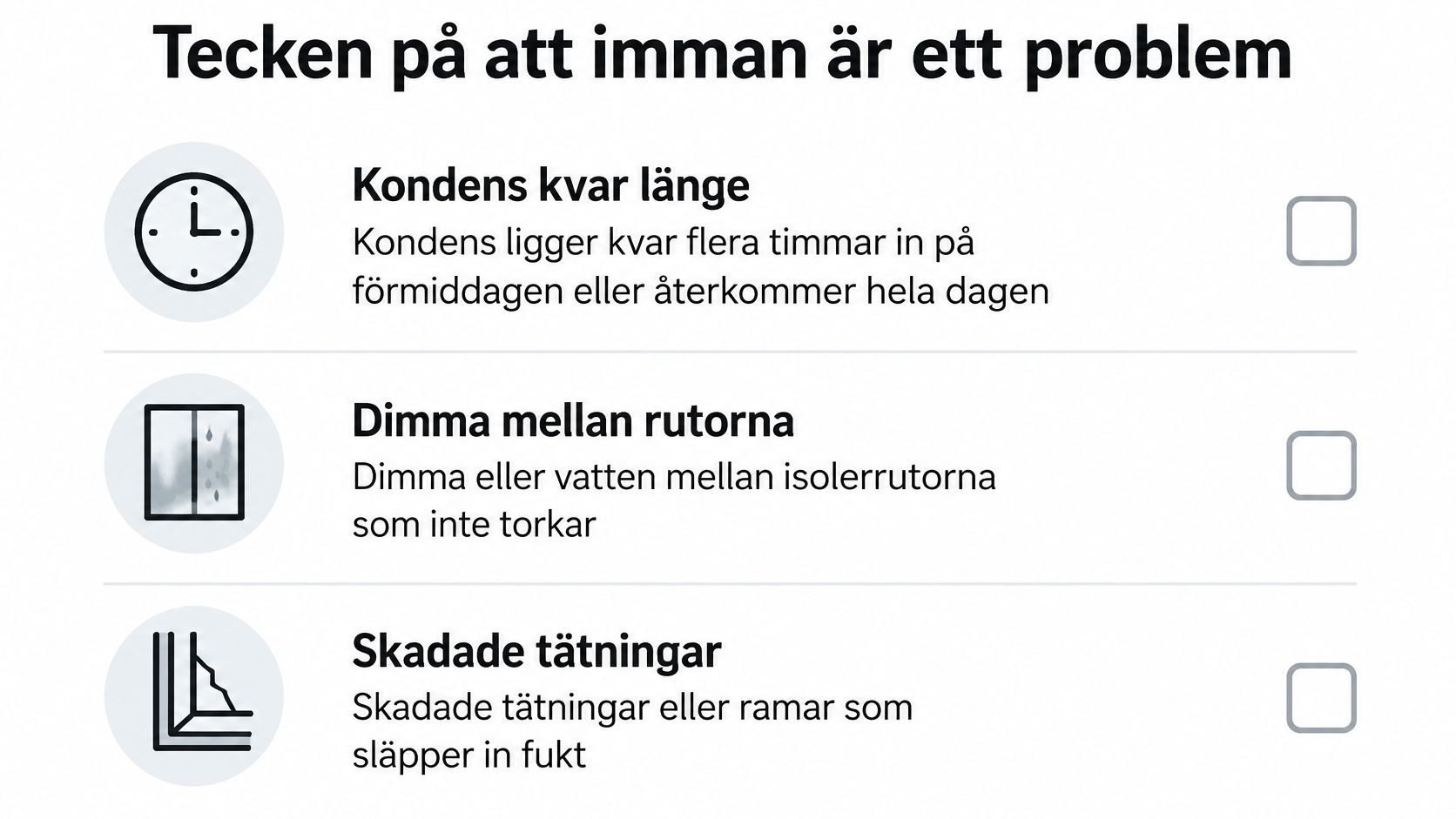 En infografik som listar tecken på att imma på fönster är ett problem, inklusive kondens, dimma och skador.