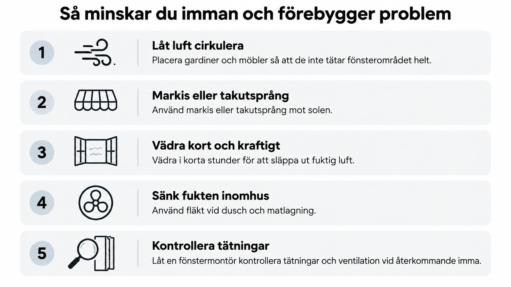 En grafisk bild som visar fem tips på hur man kan minska imma och kondens på fönster.
