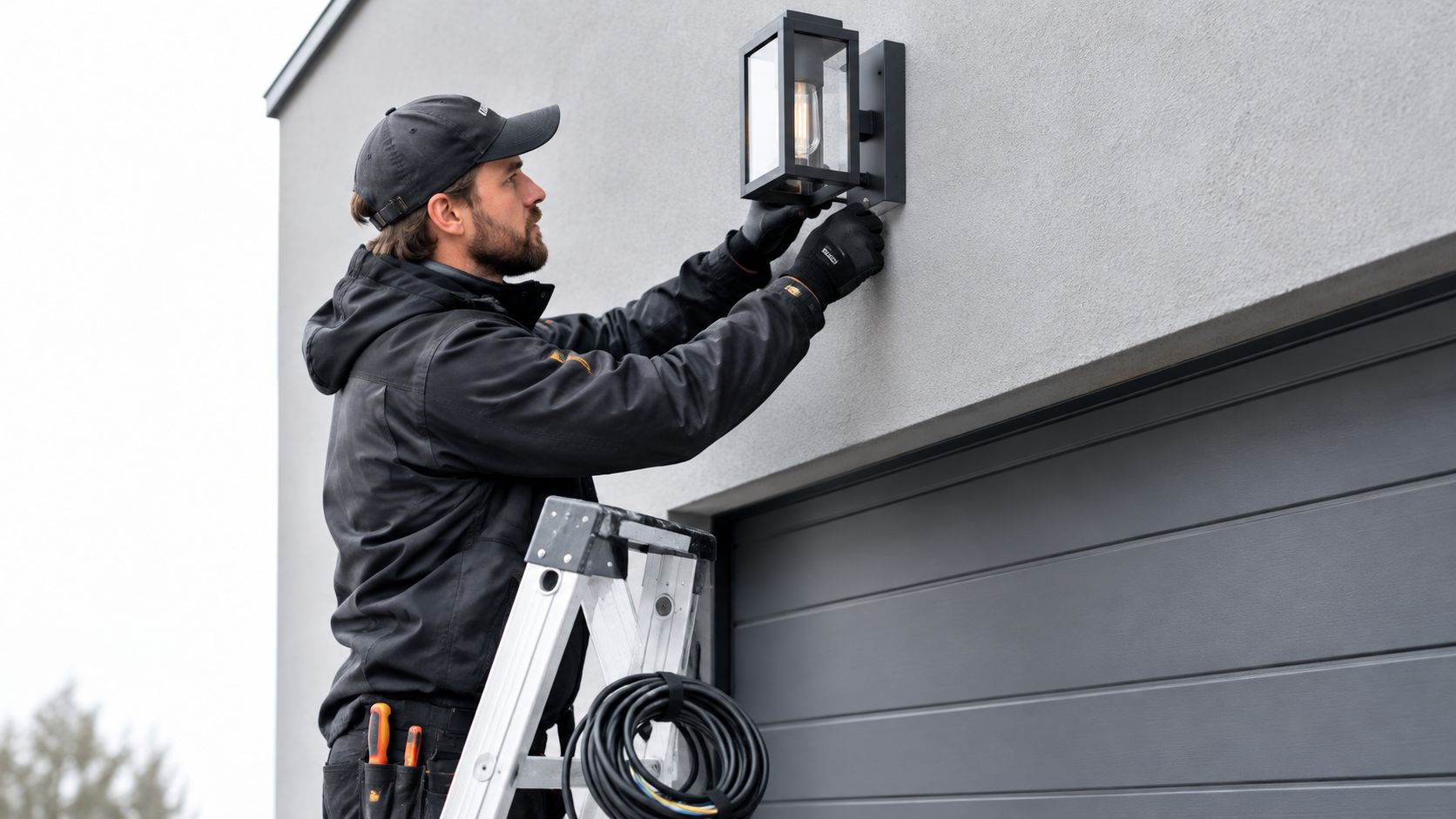 En elektriker monterar en modern svart vägglampa ovanför en grå garageport med hjälp av en stege.