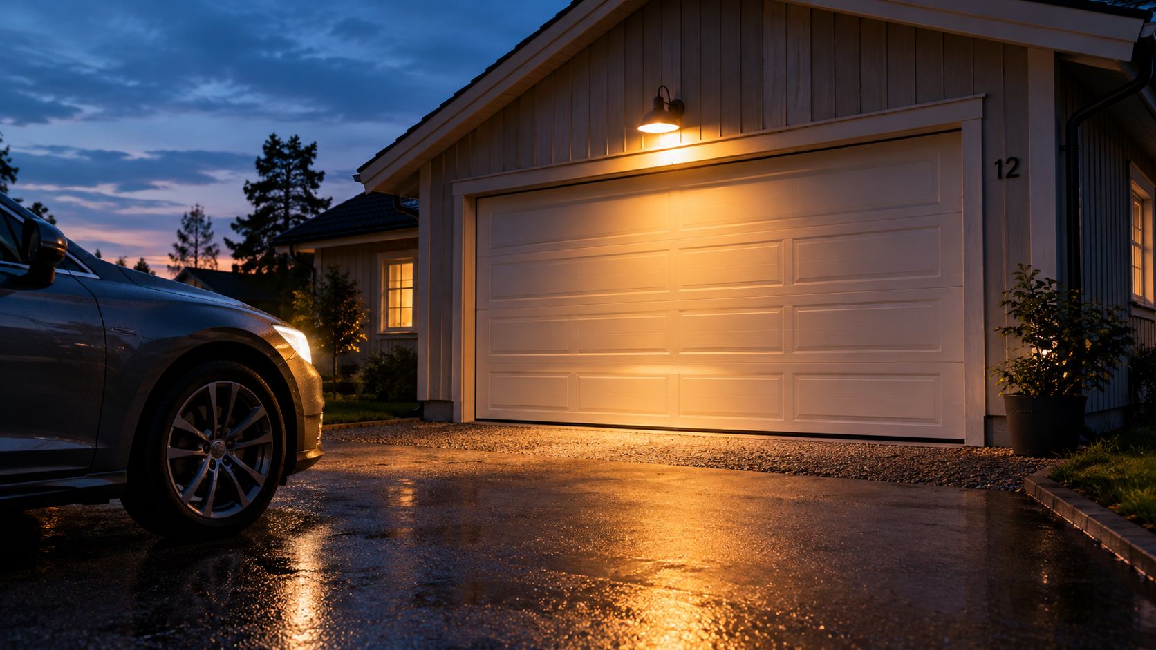 Ett modernt hus med bil parkerad på garageuppfarten och varm utomhusbelysning ovanför den stängda vita garageporten.
