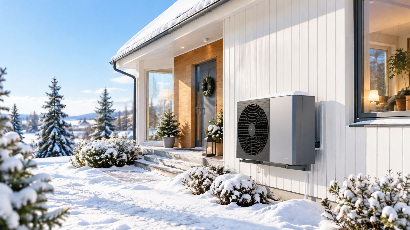 En modern luftvärmepump installerad på en vit husvägg under en solig vinterdag med mycket snö i trädgården.