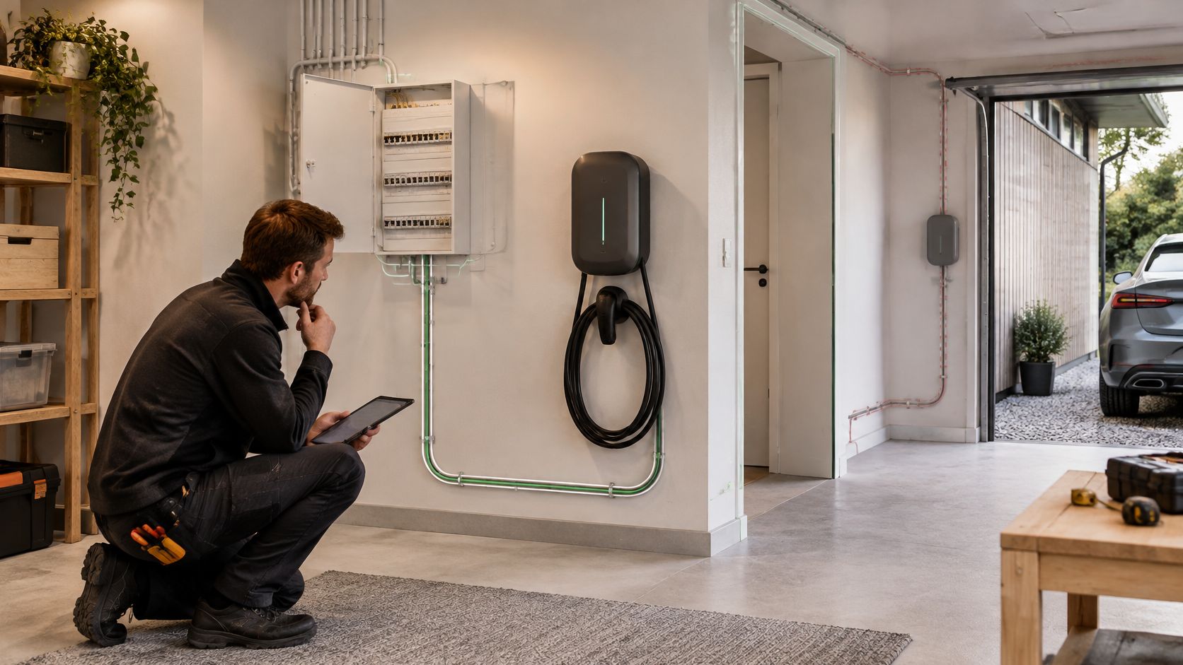 En elektriker som inspekterar installationen av en laddbox för elbil monterad på en garagevägg.