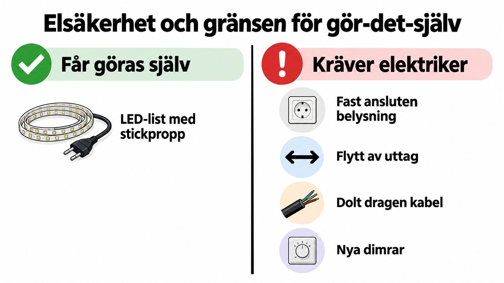 En infografik som visar elsäkerhetsregler för gör-det-själv-projekt kontra arbeten som kräver en behörig elektriker.