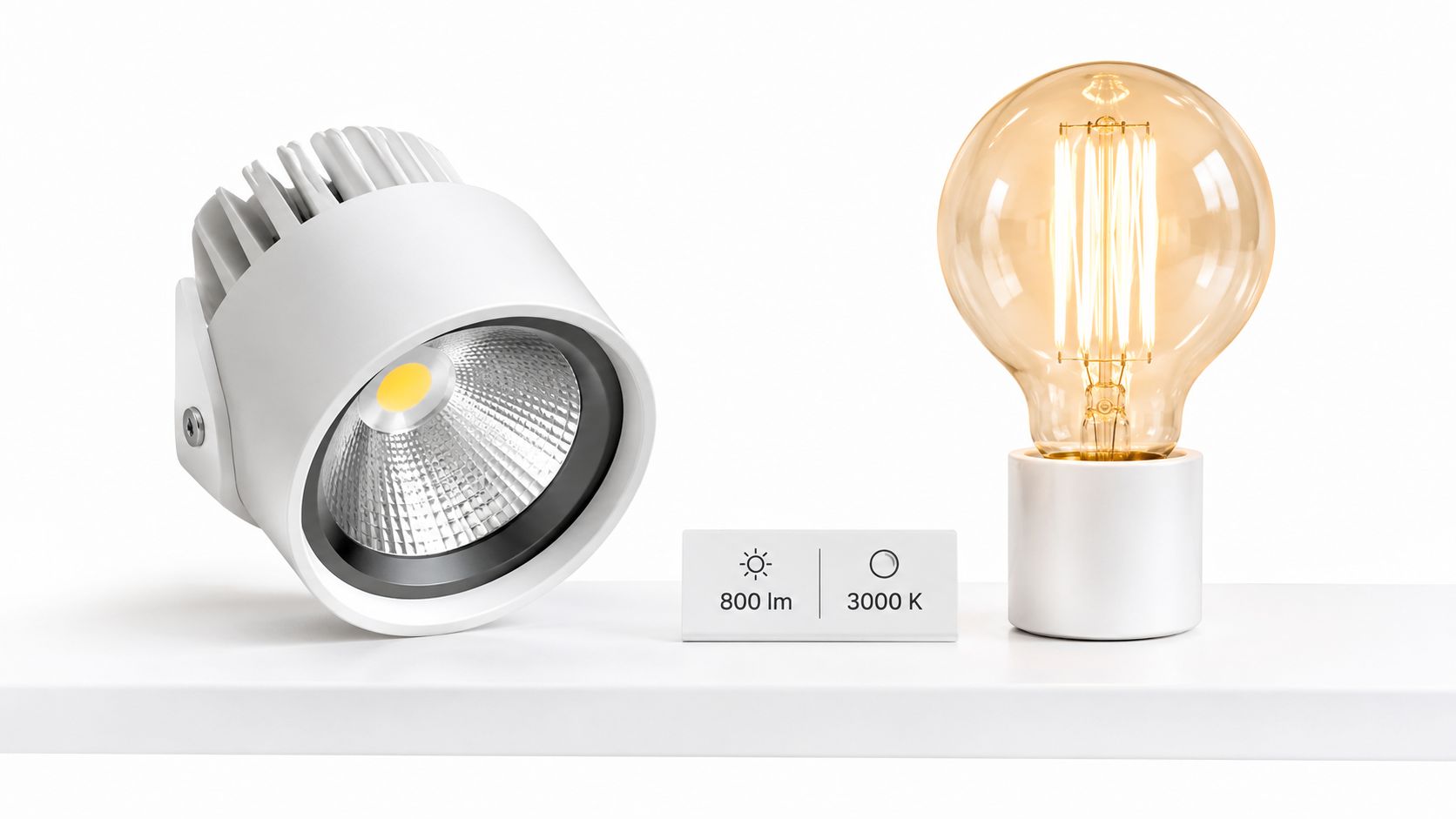 En modern infälld LED-spotlight och en dekorativ glödlampa med varmt ljus placerade på en hylla.