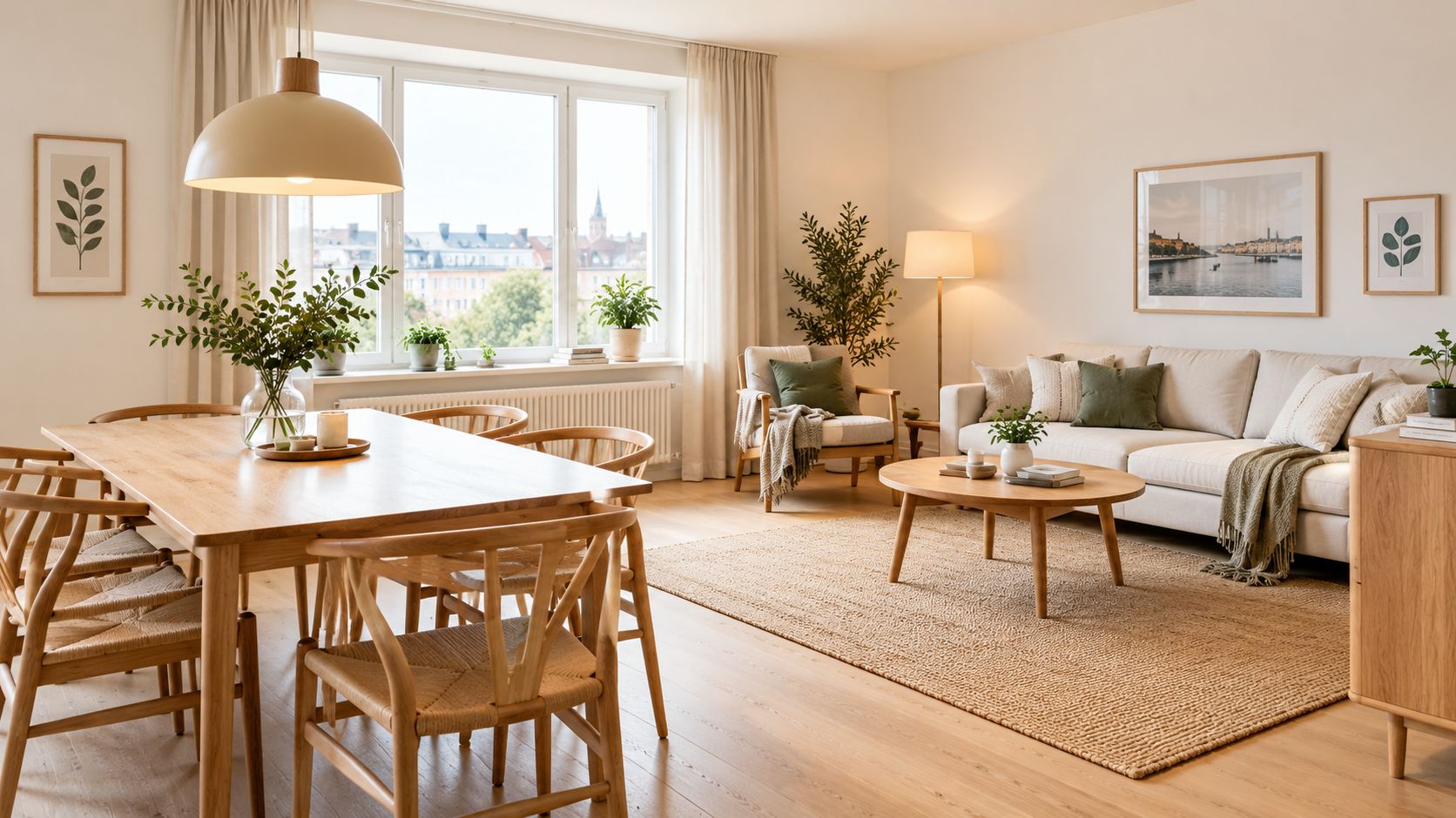 Ett modernt, ljust vardagsrum och matsal med naturlig inredning, trämöbler och mysig skandinavisk design med stora fönster.