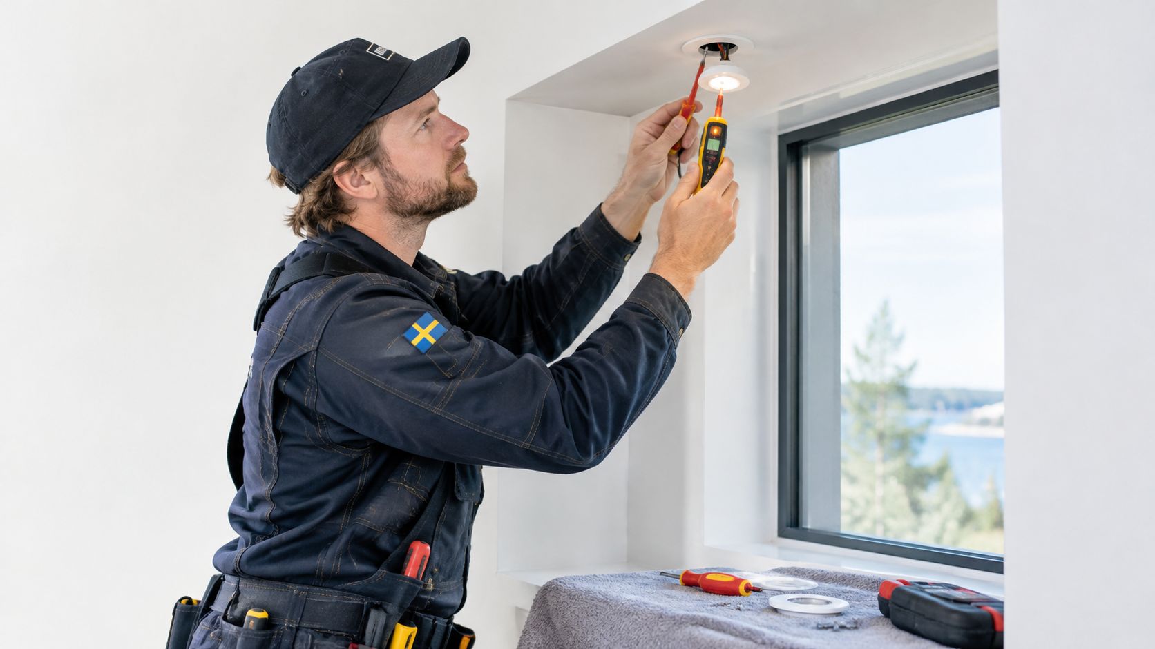 En elektriker i arbetskläder installerar belysning i en fönstersmyg med hjälp av en spänningsprovare och skruvmejsel.