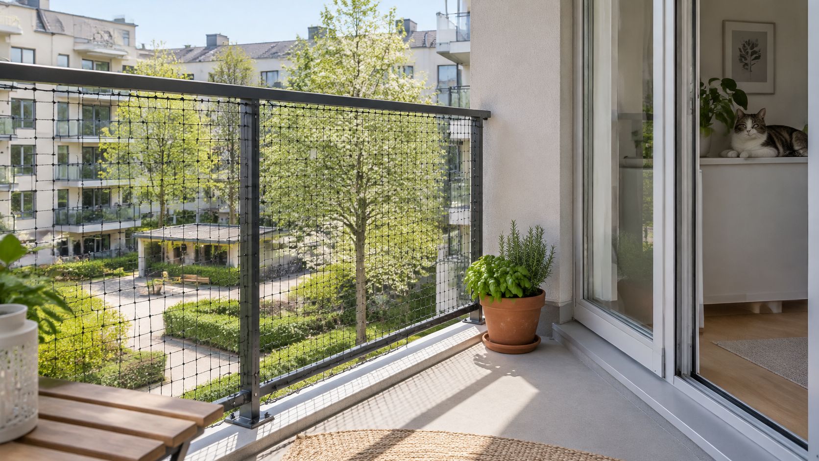 Säkerhetsnät monterat på en balkong med utsikt över en grönskande innergård och en katt inomhus.