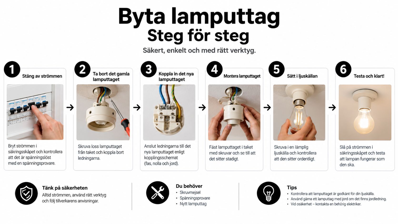 Steg-för-steg-guide som illustrerar hur man säkert byter ut ett elektriskt lamputtag i taket i hemmet.