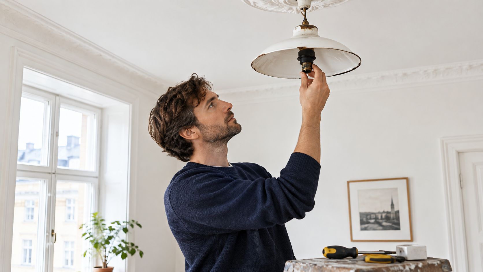En man byter en glödlampa i en taklampa i ett ljust och fint renoverat rum.