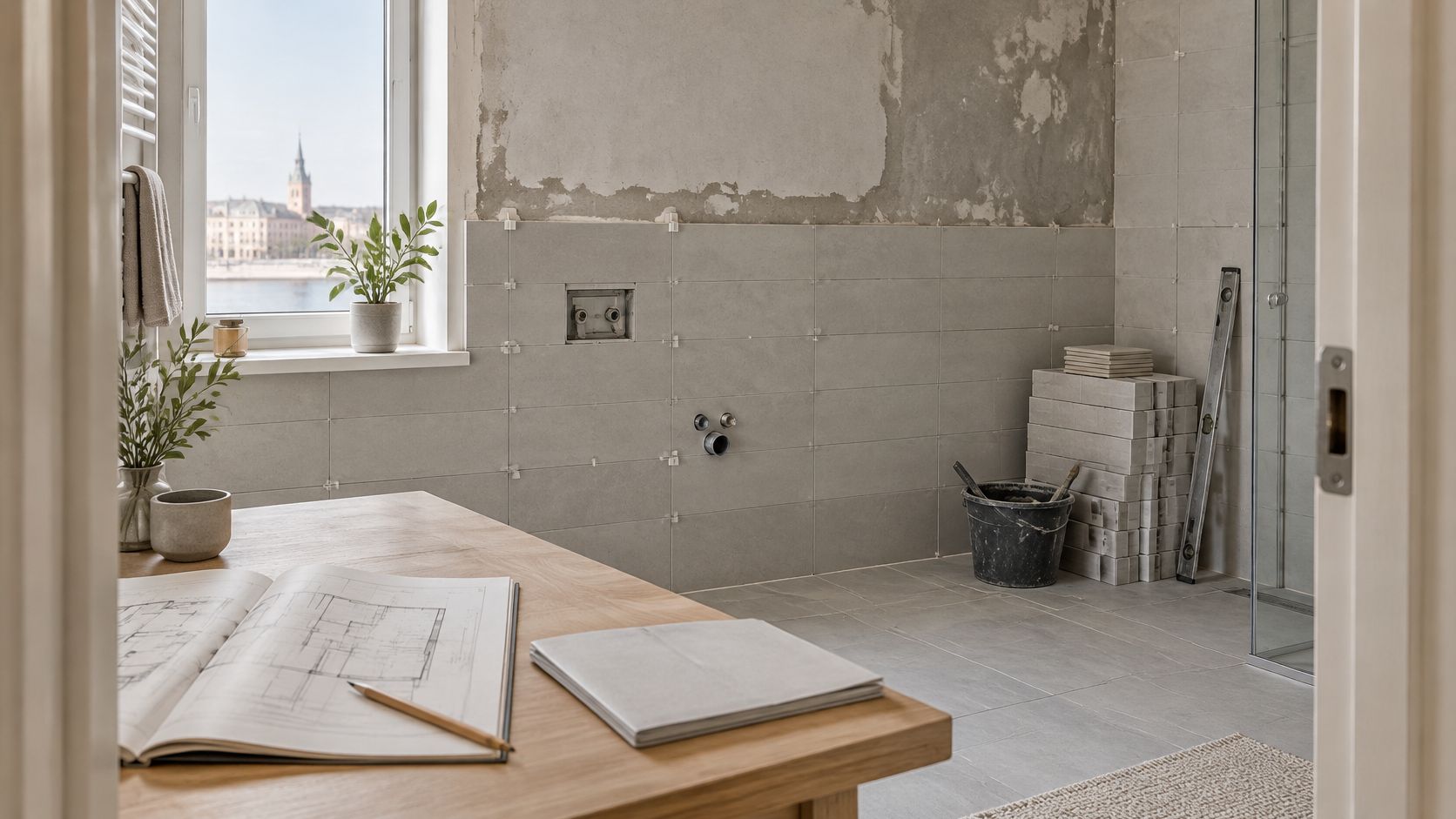 Pågående badrumsrenovering i en lägenhet i Stockholm med gråa väggplattor, ritningar på ett träbord och stadsutsikt.