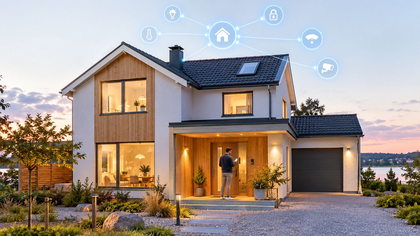 Ett modernt hus utrustat med smarta hem-teknik, där en person använder en smartphone vid ytterdörren i skymningen.