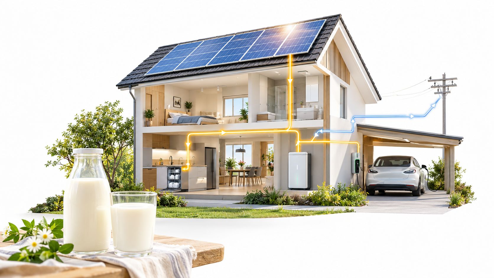 Illustration av ett modernt hus med solpaneler, energilagring, laddstolpe för elbil och mjölk på ett bord.