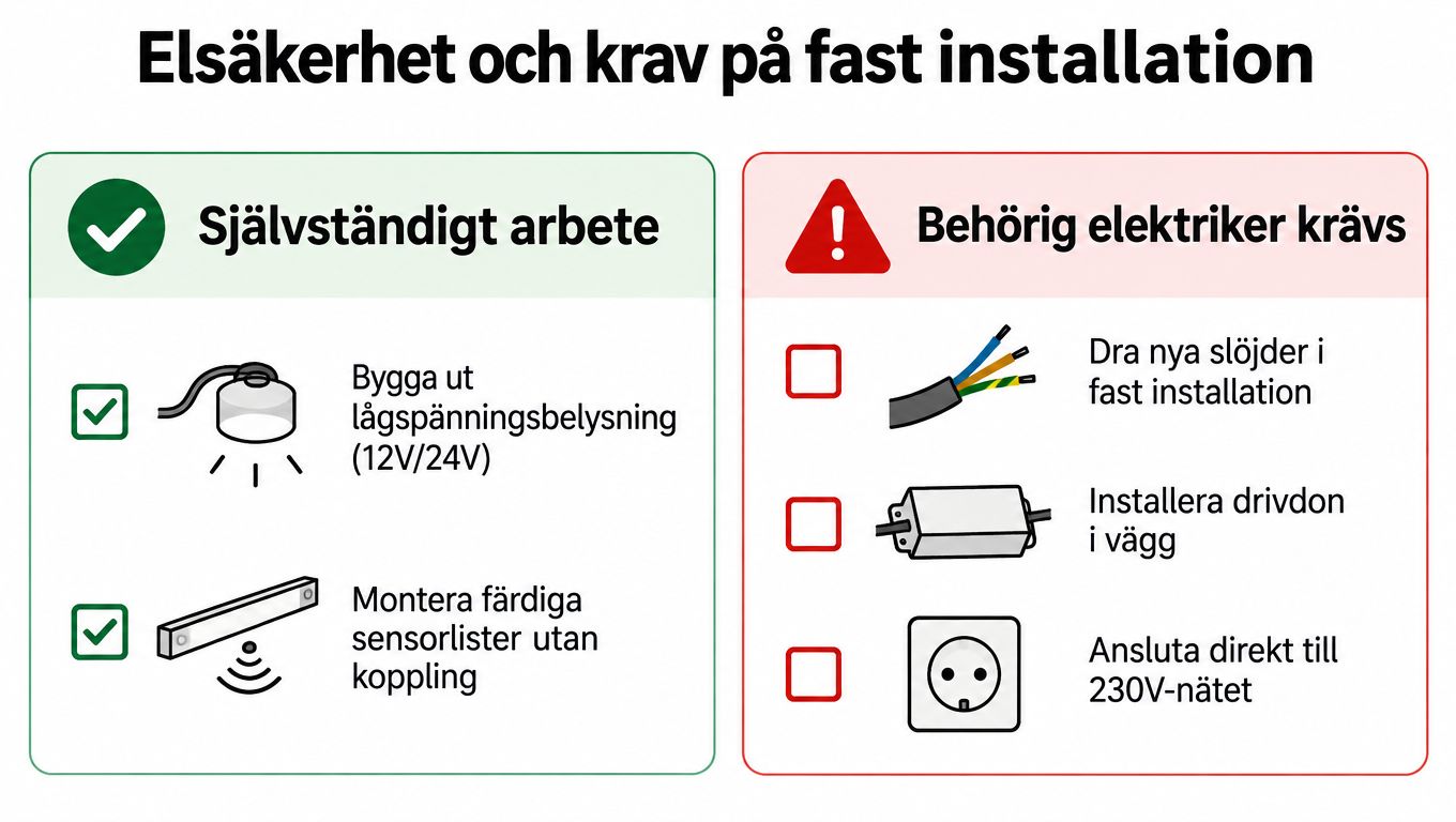 En infografik som visar vilka elarbeten i garderoben du får utföra själv och vilka som kräver elektriker.