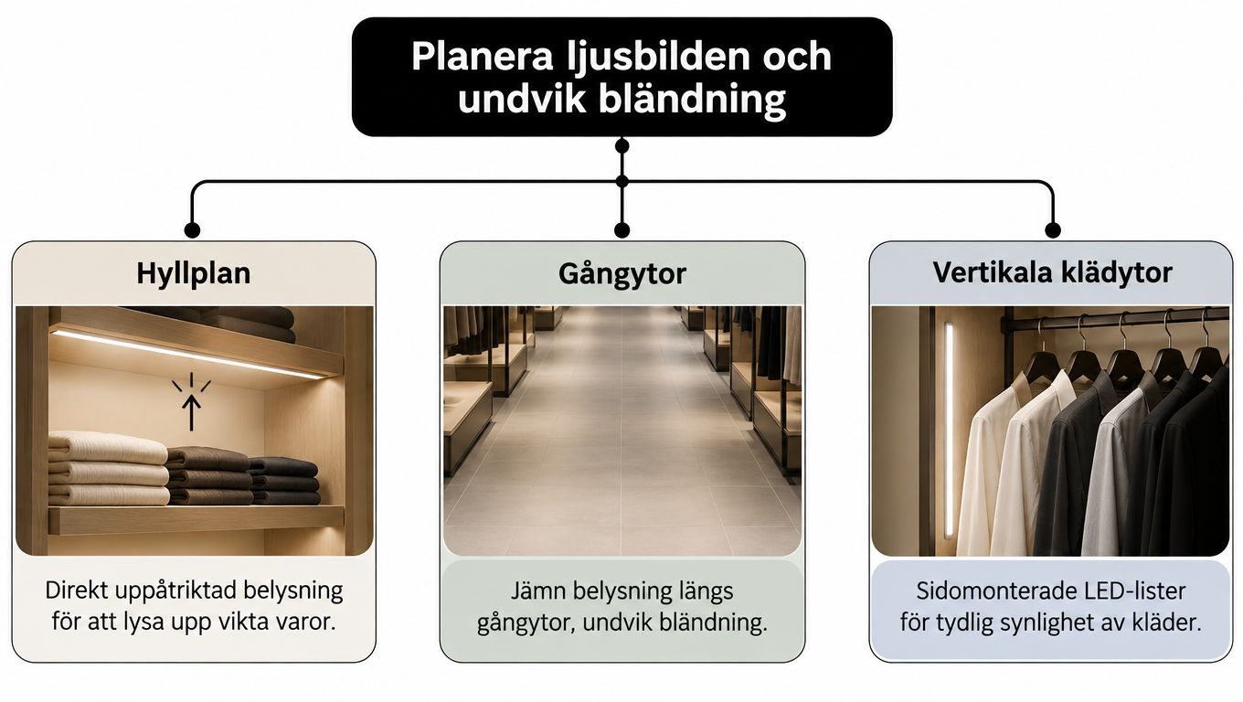 En infografik som visar hur man planerar belysning i garderober för att undvika bländning och optimera synlighet.
