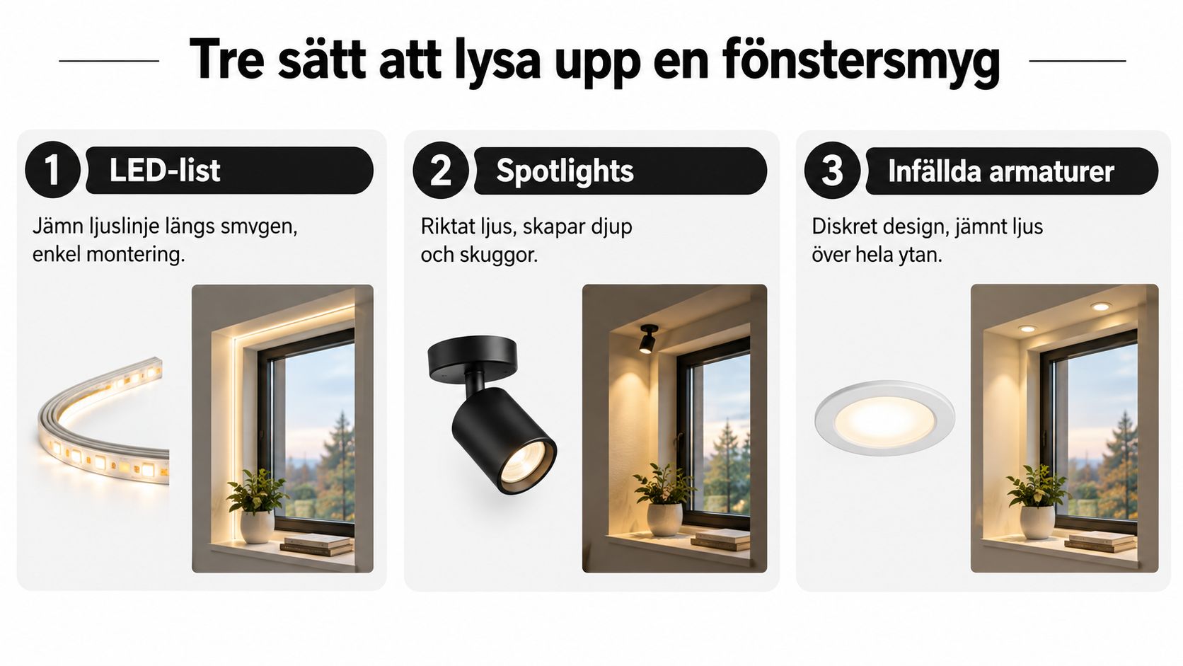 Tre olika metoder för att belysa en fönstersmyg, inklusive LED-lister, spotlights och infällda armaturer för hembelysning.